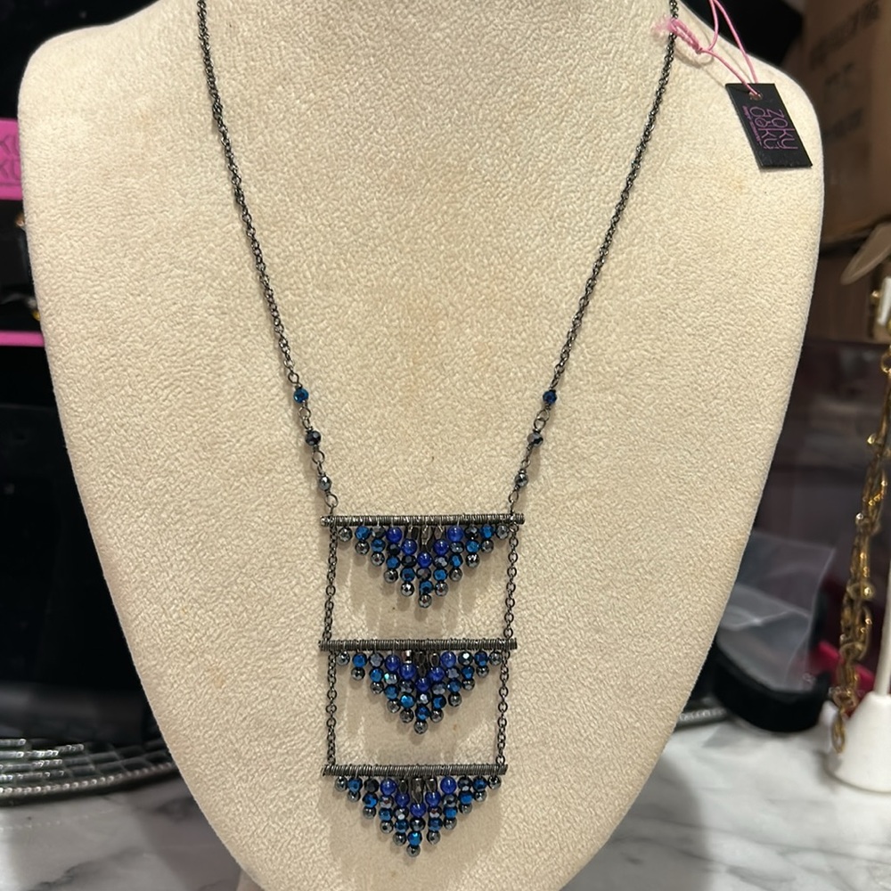 Triple Hand-beaded Lapis Triangles Necklace,Boutique